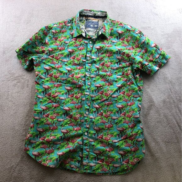 Huntington Beach Club Mens Hawaiian Shirt Large Short Sleeve Green Flamingo - Picture 10 of 11